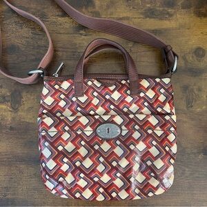 Fossil Key-Per Geometric Patterned Brown and Red Coated Canvas Women's Bag